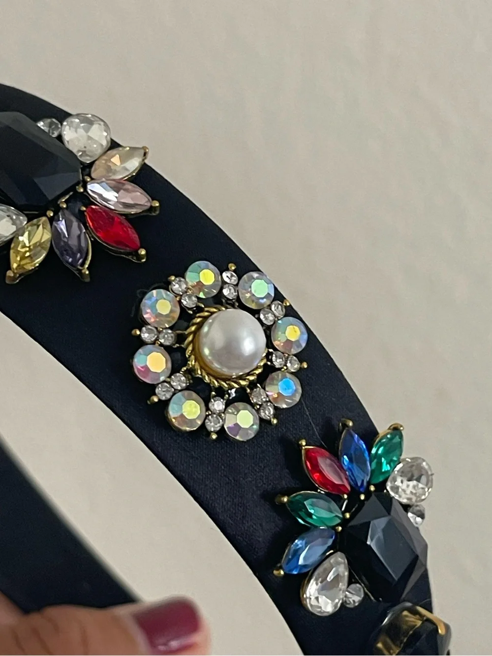 Black Velvet Jeweled Headband with Pearl and Gem Accents